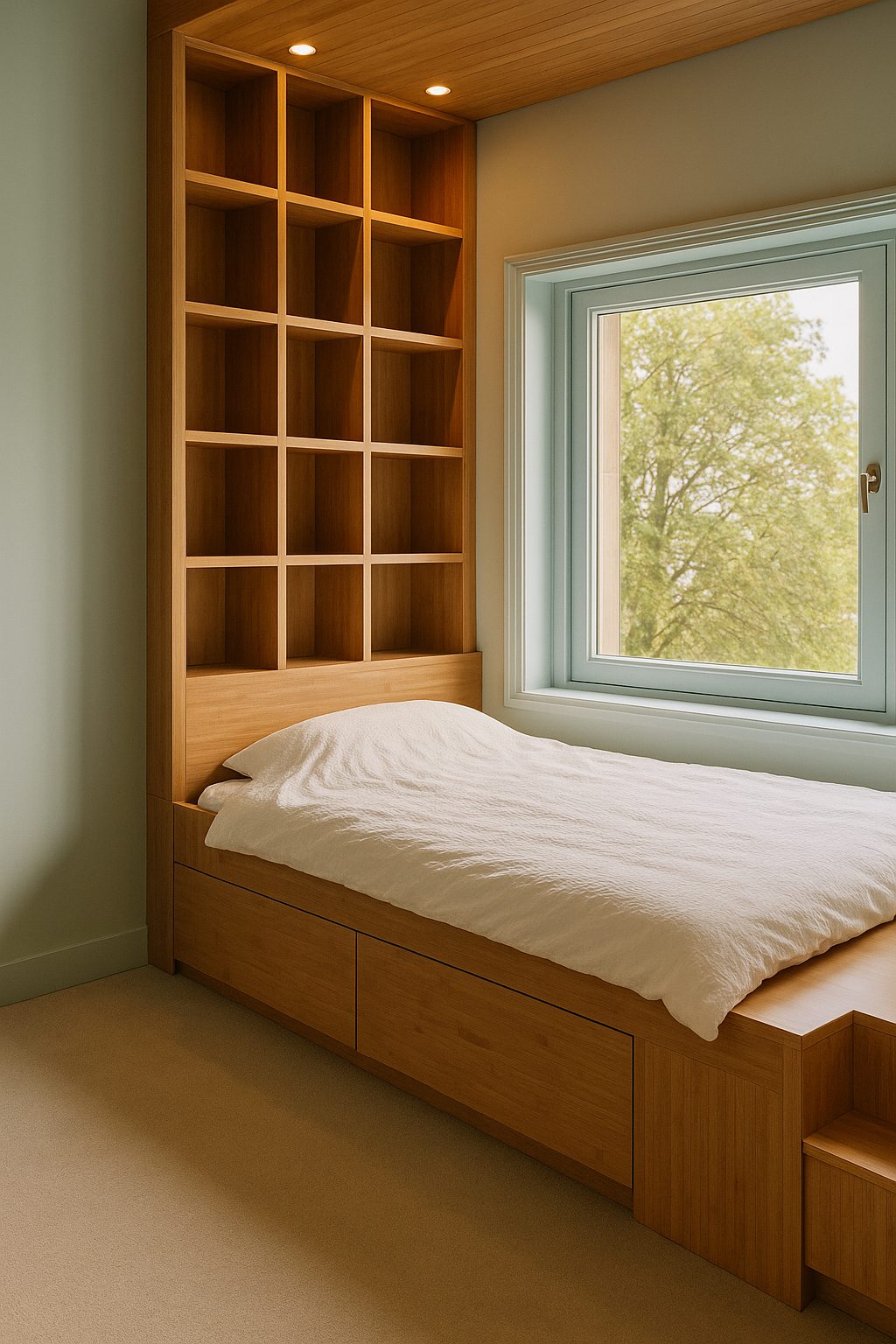 Kinder slaapkamer van bamboe, een custom bed met laden en boekenkast aan hoofd en voeten eind, spotjes in bamboe plafond
