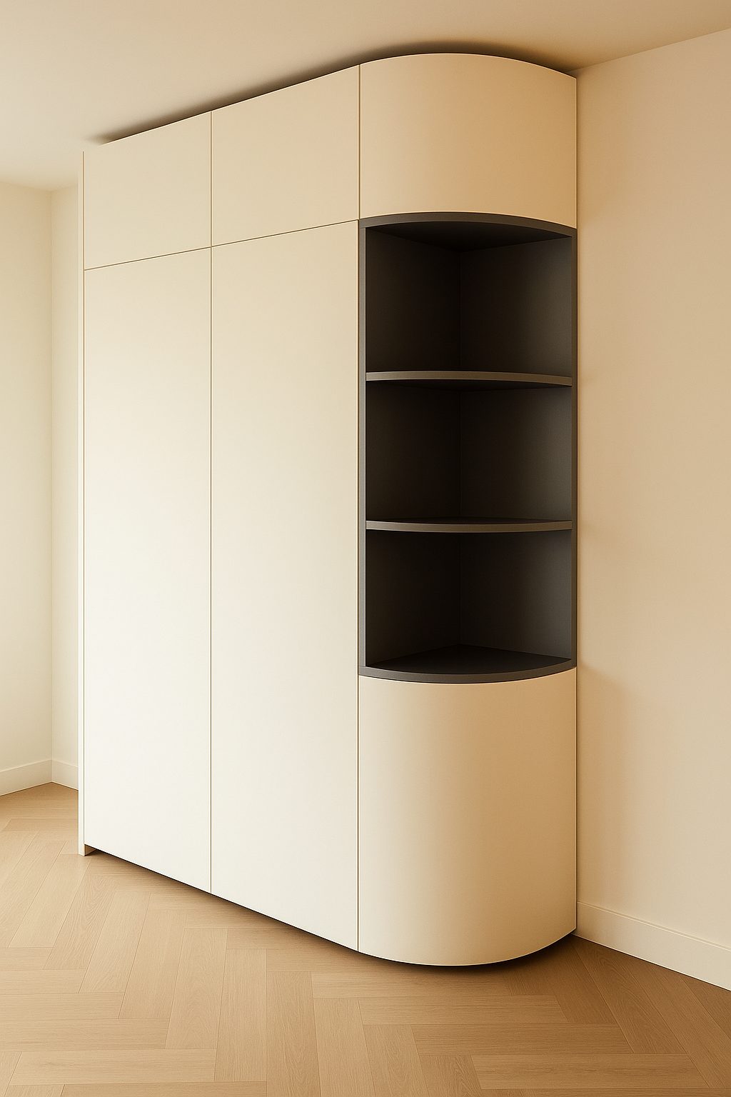 Kast met deuren en open kwart ronde planken in twee kleuren gespoten.