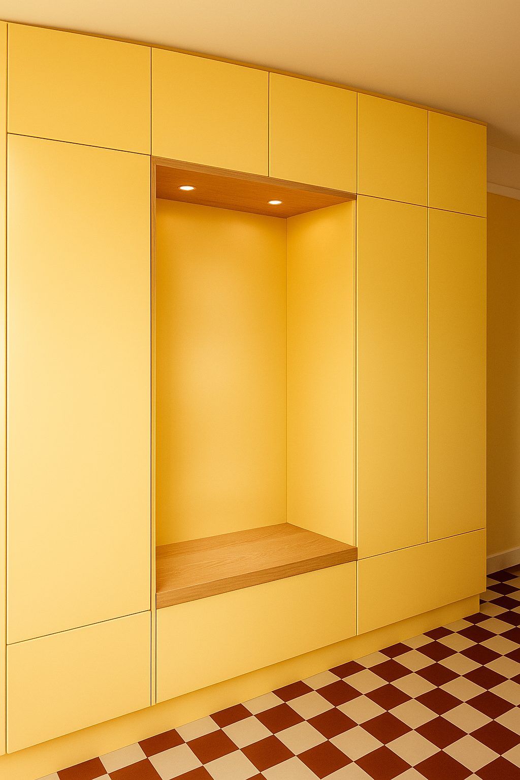 Garderobe kast met houten nis met verlichting.