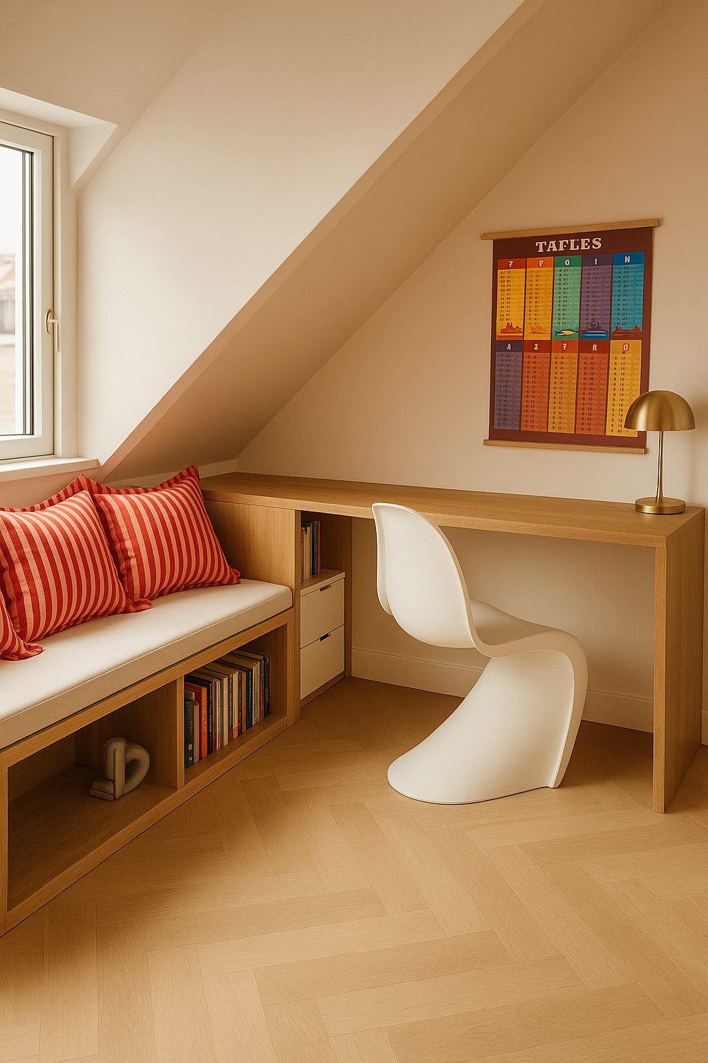 Slaapkamer met een houten bureau, inbouwkasten en eiken bankje.
